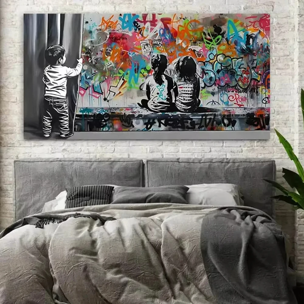 Abstract Graffiti Art Poster Girl Looking Up At Dreams City Street Scenes Canvas Printing Wall Art for Living Room Home Decor