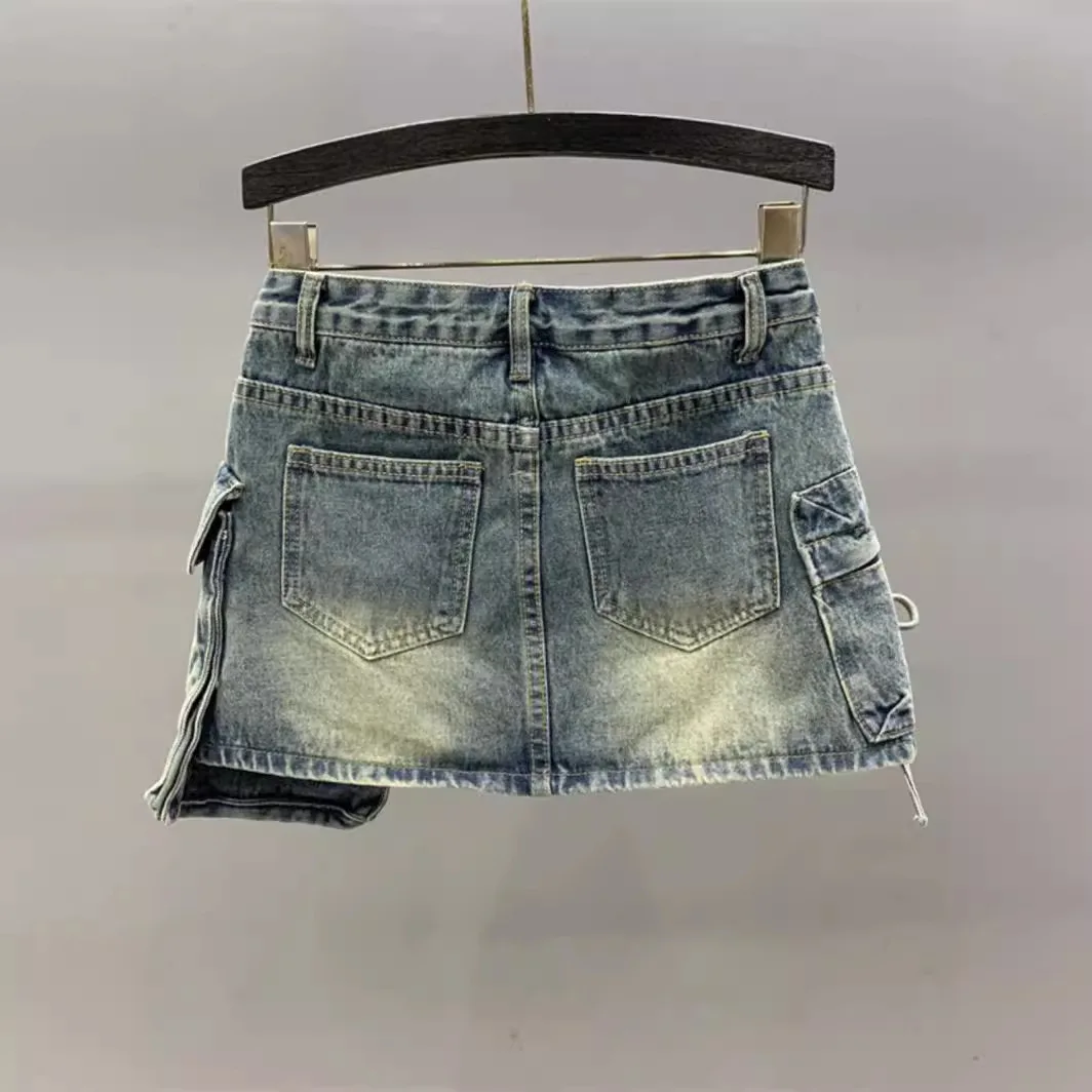 [zoci] Blue Irregular Large Pocket Denim Skirt 2024 New Goods Sexy Girl Skirt