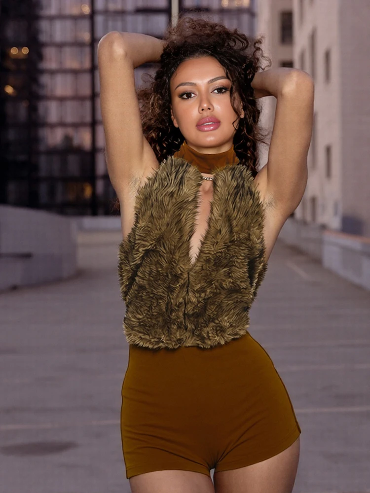 

Nibber Elasticity Romper Women Halter Patchwork Fur Sexy Backless Hollow Sleeveless Skinny Clubwear Midnight Activity Playsuit