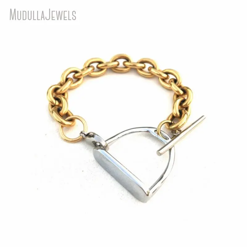 10pcs Stainless Steel Link Chain Stirrup Charm Bracelet Bold Men Women Bold Equestrian Jewelry Gift for Horse Lovers