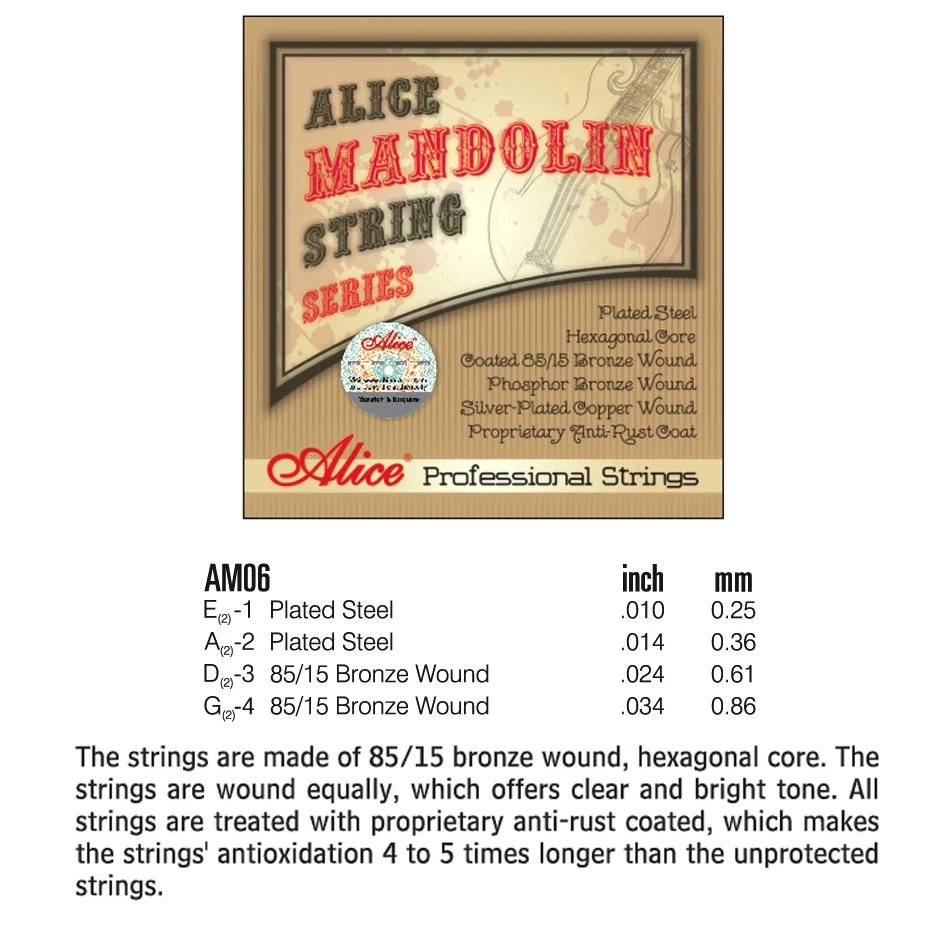 Alice AM06 Mandolin Strings Set .010-.034 Coated 85/15 Bronze Wound Plated Steel 4 Strings Anti Rust Coat