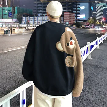 بلوزات الرجال والنساء المرقعة على شكل دب كرتوني ، قمم سوداء كبيرة الحجم ، ملابس فنية فضفاضة ، كاجوال ، دافئ ، زوجين ، Y2K ، شتاء