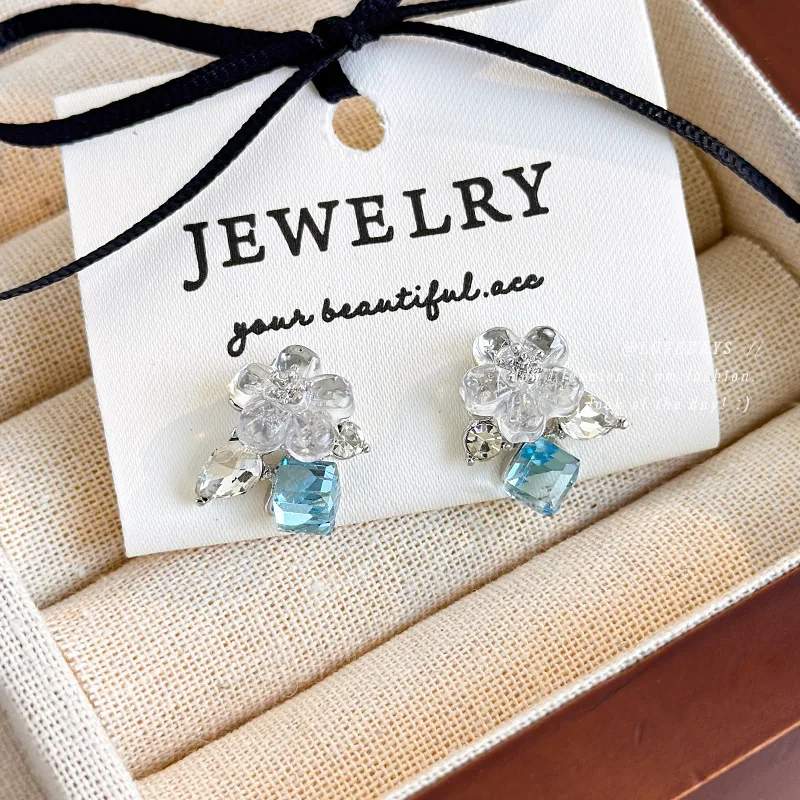 Blue Flower Sugar Cube Rhinestone Stud Earrings Crystal Clear Unique Light Luxury Premium Sparkly for Women