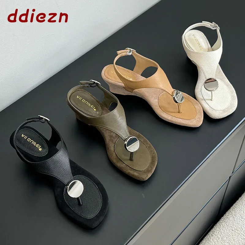 New 2026 Fashion Metal Elegant Women Sandals Flip Flops Wedges Shoes Female Ankle Strap Ladies Heels Sandals Shoes