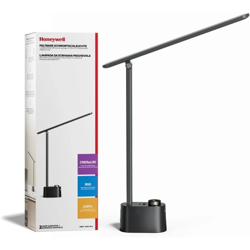 

HONEYWELL Upgraded LED Desk Lamp - H01 Pro Sunturalux™ Foldable Desk Light with USB A+C Charging Ports, 3 Color Modes Dimmable T
