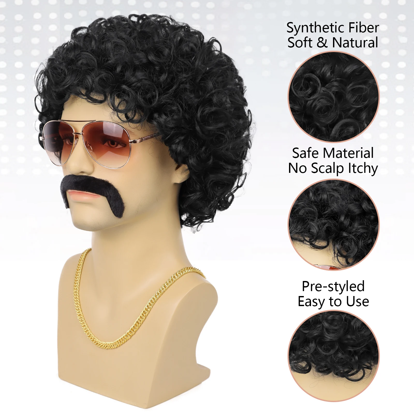 شعر مستعار ديسكو مع نظارات شارب ، عقد ذئب صناعي ، سلسلة ذهبية ، شعر صناعي مجعد قصير ، هزاز أفريقي للرجال ، 70s ، 80s ، 5 Set #3