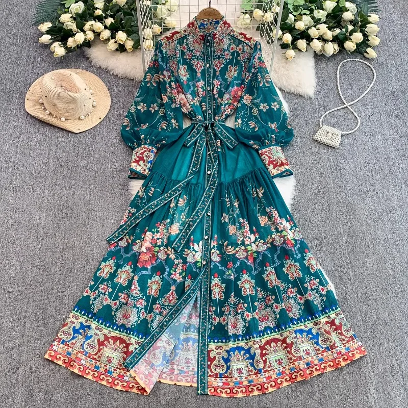 

Matakawa Women Dresses Stand Collar Lantern Sleeve Palace Style Vestidos Mujer Spring Autumn Print Vintage Elegant Long Dress