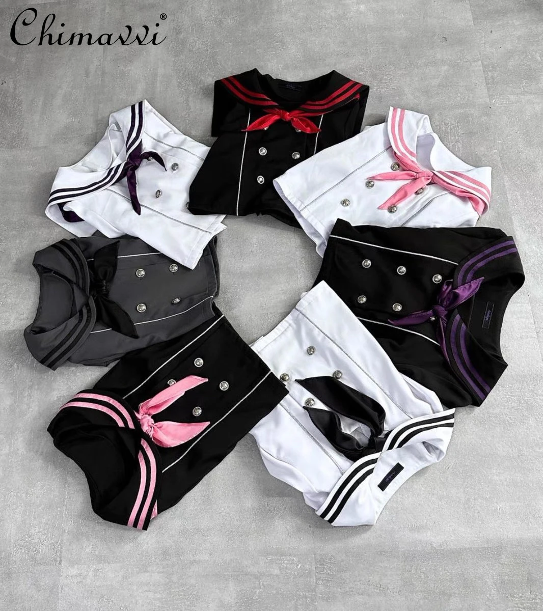 

Japanese Sailor Collar Uniform Skirt Set Subculture Double-Breasted Bow Tie Long Sleeve Top + Skirt Two-Piece Lolita JK Outfit