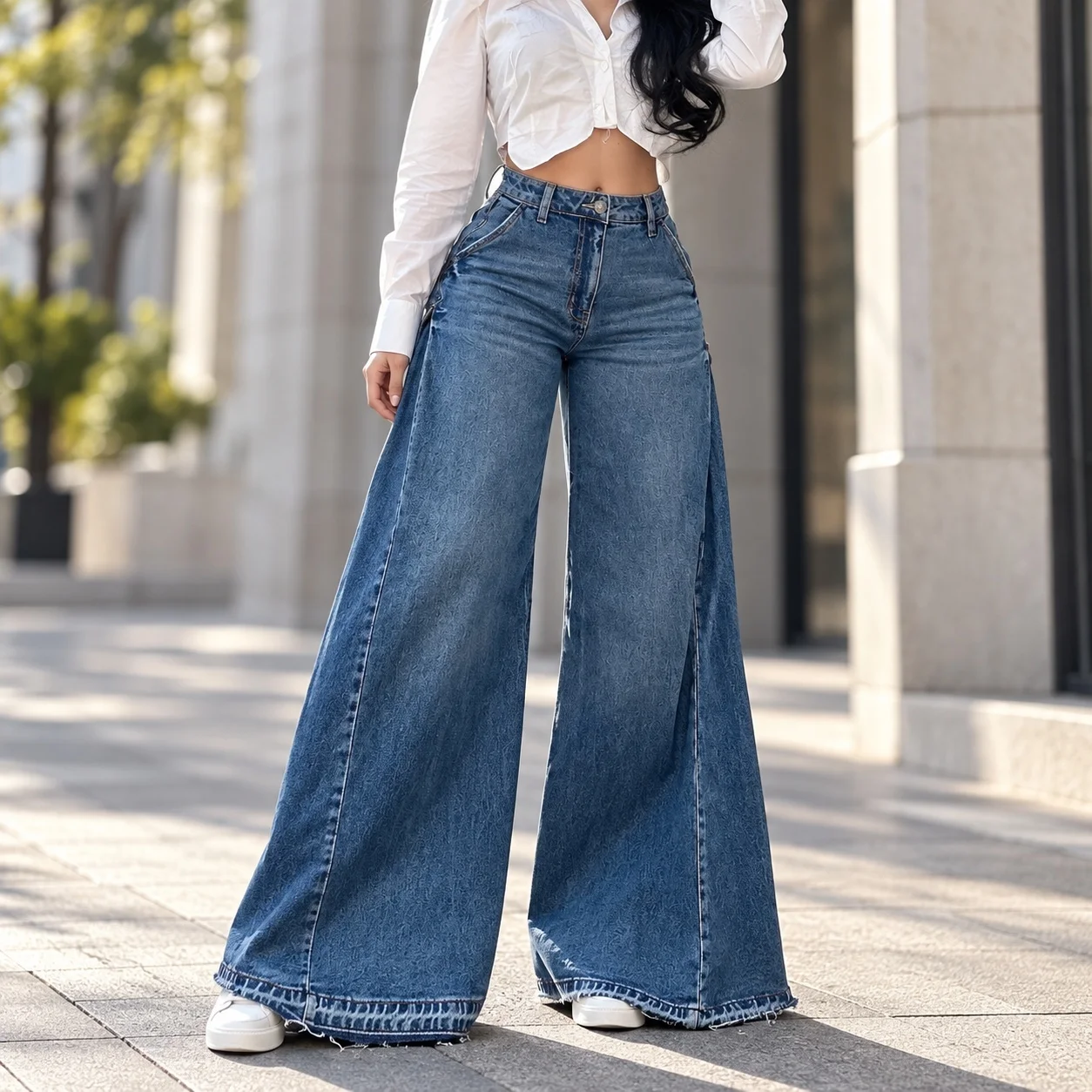 Cropped Flare Fringe Jeans Mid Rise Streetwear with Floor Length Zipper Flared Jeans Slight Stretch Spring Style for Women