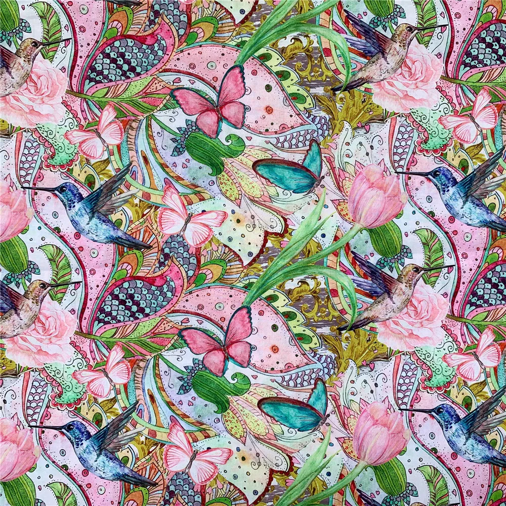 Polyester Cotton Fabric butterfly Birds Printed Cloth for DIY Sewing Patchwork Dress Crafts Quilting Woman decorating turban