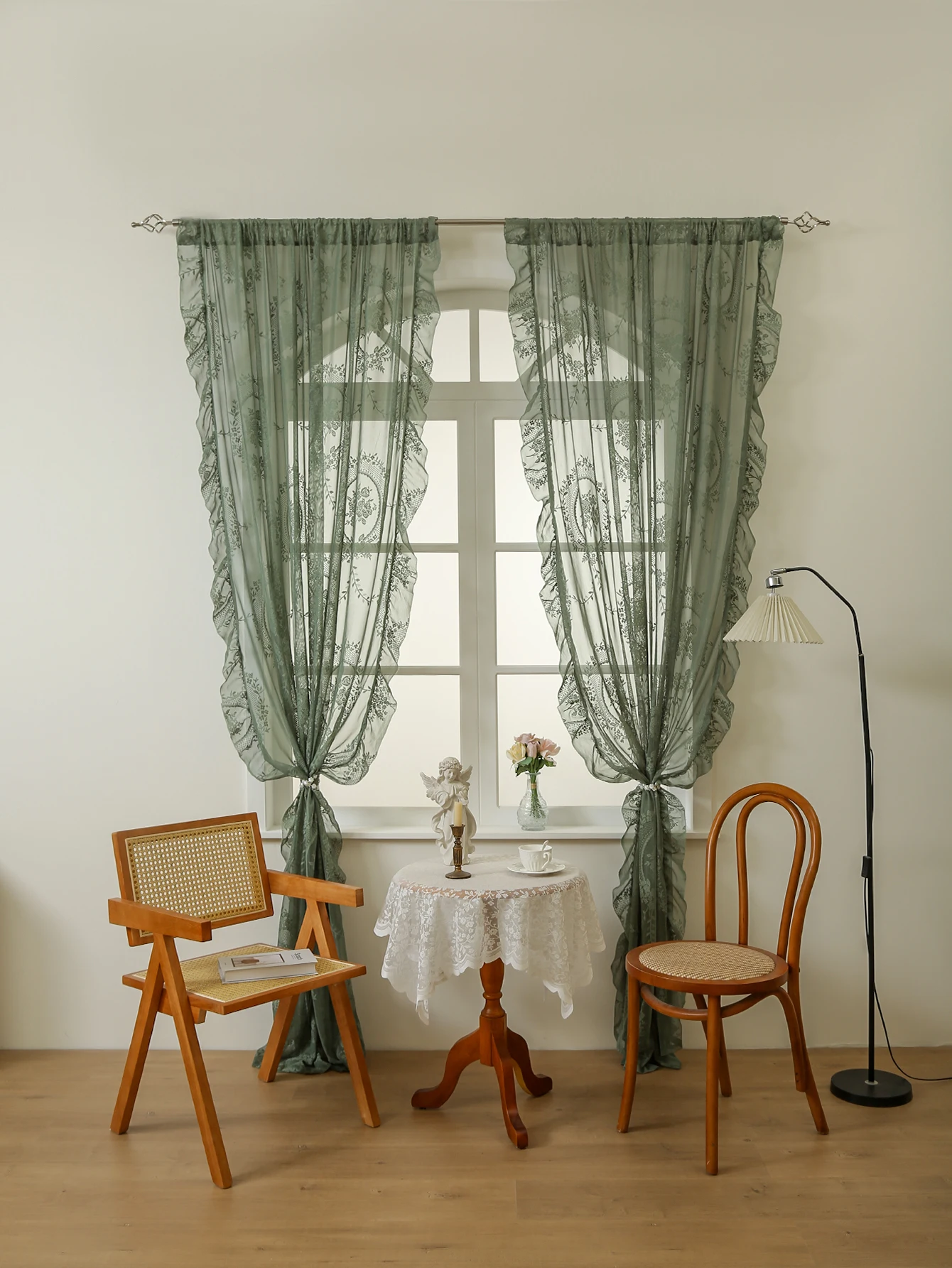 Green Lace Curtains 84 Inches Long 1 Panels Set, Boho Sheer Florals Scallop Ruffle, Shabby Chic Vintage Window Treatment Pair