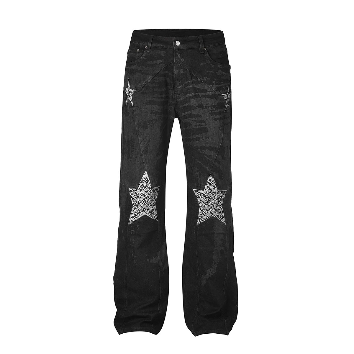 

High Street Wax Coated Stars Rhinestone Hot Drill Shinning Black Jeans for Men Straight Casual Baggy Denim Trousers Oversized