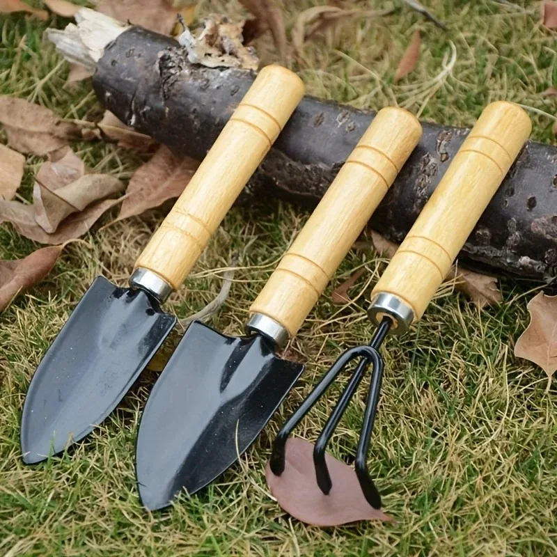 Mini juego de herramientas de jardinería, planta de jardinería de tres piezas, herramientas de jardinería con mango de madera, pala y rastrillo