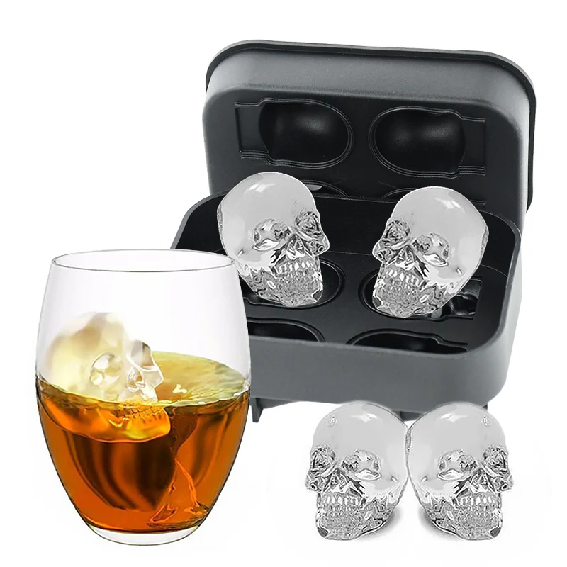 

1pcs 3D Skull Reusable Ice Cube Tray Silicone 4 Cavity Ice Maker Molds DIY Whiskey Cocktail Ice Ball Mold Chocolate Pastry Mould