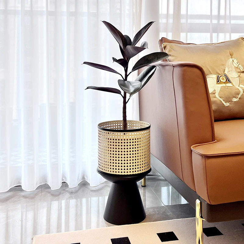 Minimalist luxury wrought iron indoor flower stand imitation rattan modern living room mobile floor flowerpot Japanese Nordic