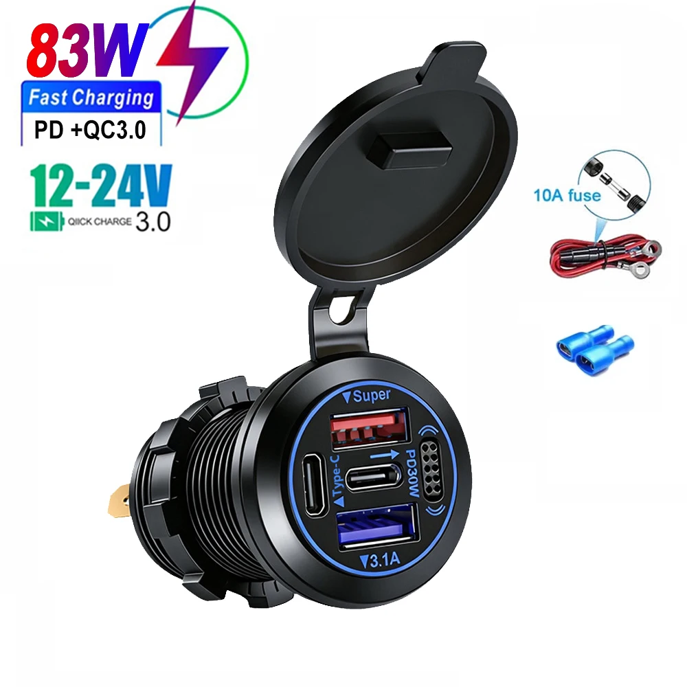 83W Car Charger PD QC3.0 Multiports USB Charger Car Cigarette Lighter Socket Waterproof Quick Charge Adapter 12/24V