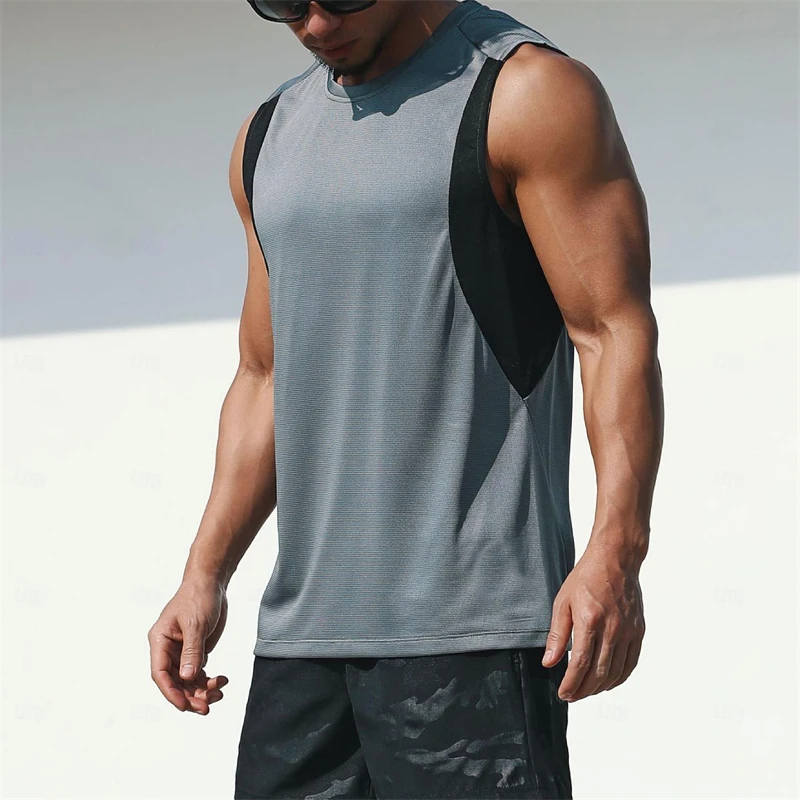 Camiseta sin mangas de colores contrastantes simples para hombre, chaleco de gimnasio informal sin mangas con estampado 3D, camisetas deportivas informales de gran tamaño para Fitness