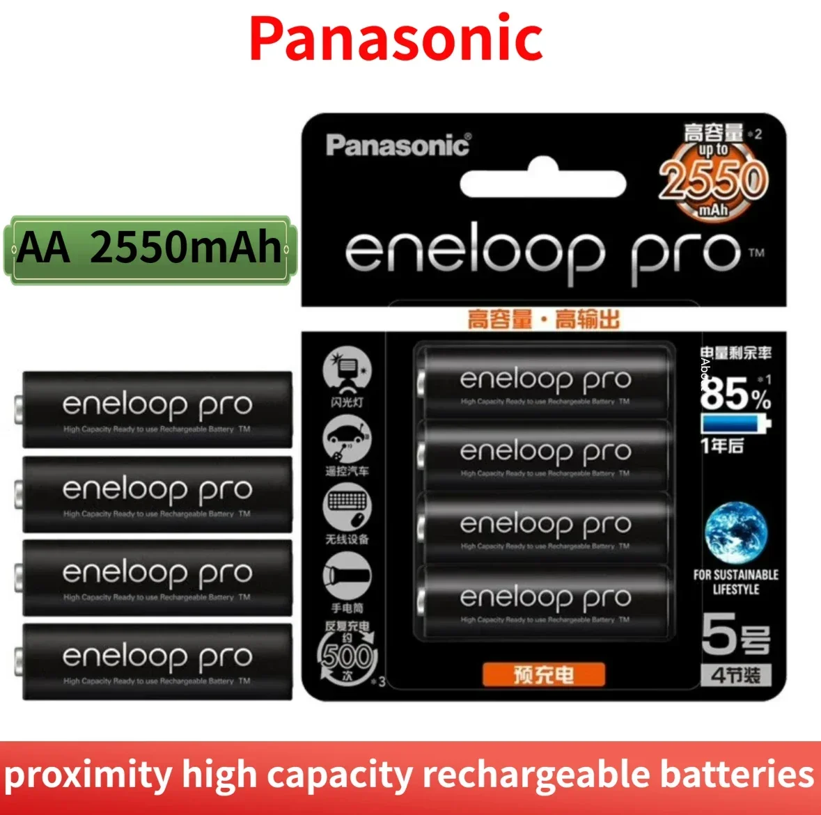 100% Panasonic Eneloop Original Battery Pro AA 2550mAh 1.2V NI-MH Camera Flashlight Toy Pre-Charged Rechargeable Batteries