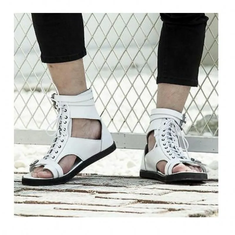 White Black Rome Gladiators Flat heel Cut out Bandage Ankle Sandals Men Summer Flip Flops