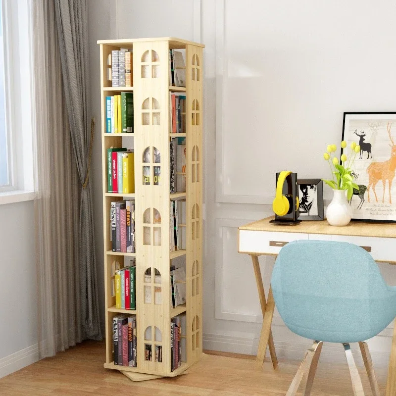 Solid wood 360-degree rotating bookshelf creative storage bookcase small bookcase simple floor shelf