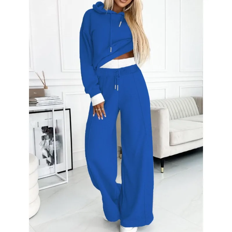 Women Sexy Long Sleeve Hooded Pullover Sweatshirt Top Drawstring High Waist Pocket Pants Suit Spring Autumn New Solid Loose Suit