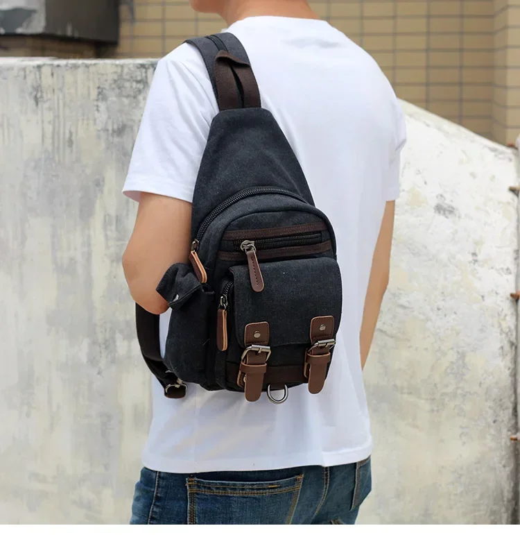 Leisure sports lightweight canvas shoulder bag messenger bag / men's shoulder dual-use stitching leather riding small square bag