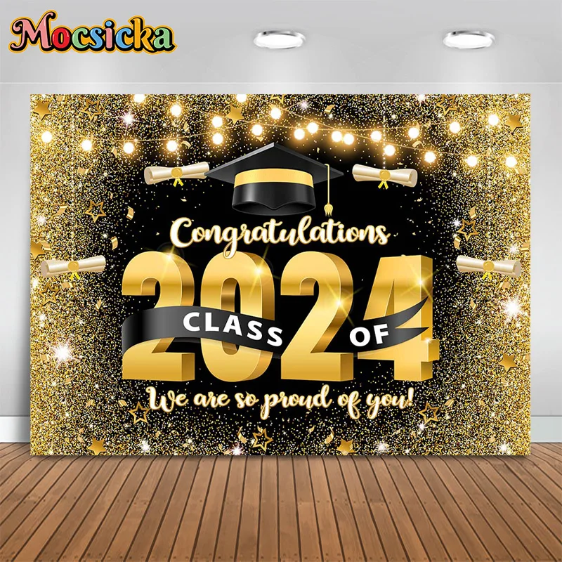 

Graduation Season Photography Background Class Of 2024 New Year Party Backdrop Gold Glitter Bachelor's Hat Student Photo Banner