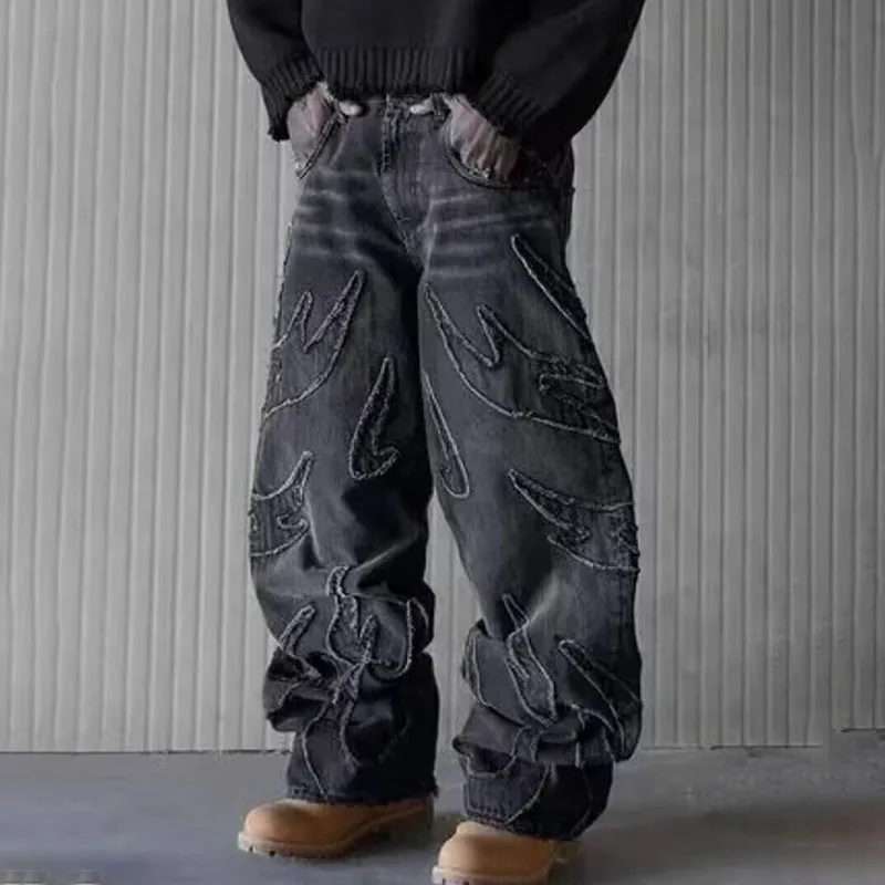 الخريف الكورية الرجعية الرجال الجينز مع الخفافيش نمط التطريز فضفاض الجينز الشارع موضة عادية مستقيم الساق السراويل #3