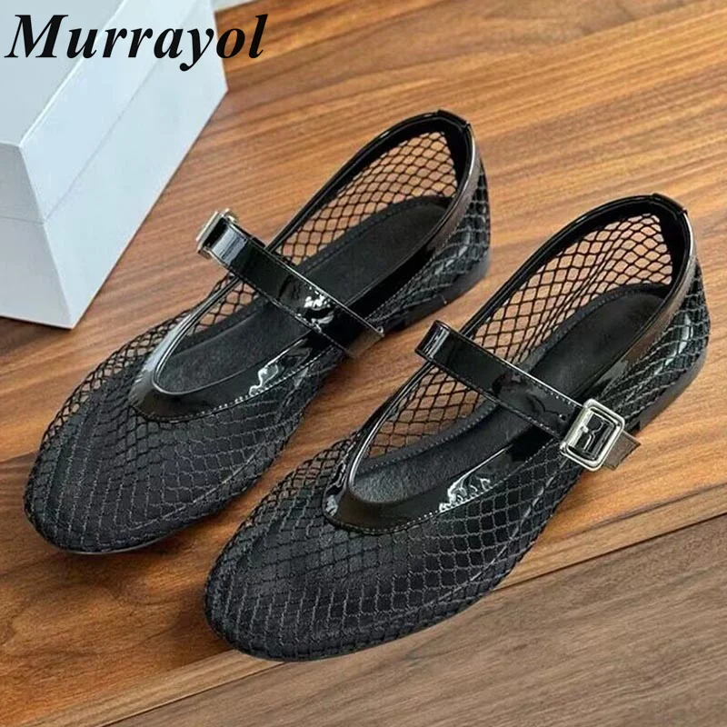 

Mesh Hollow Out Ventilation Flat Heels Mary Jane Shoes Women Belt Buckle Design Ballet Shoes Summer Single Shoes Loafers