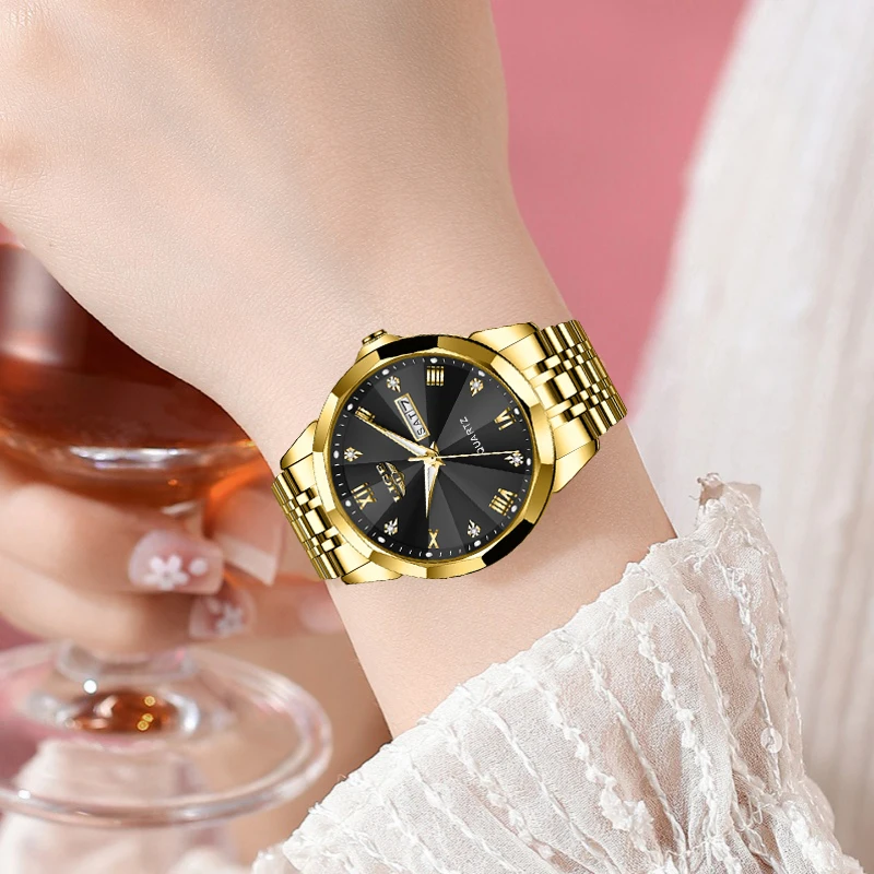 LIGE Creative Golden Stainless Steel Quartz Watches Women Fashion Waterproof Week Date Ladies Watch Simple Watch Gift For Women