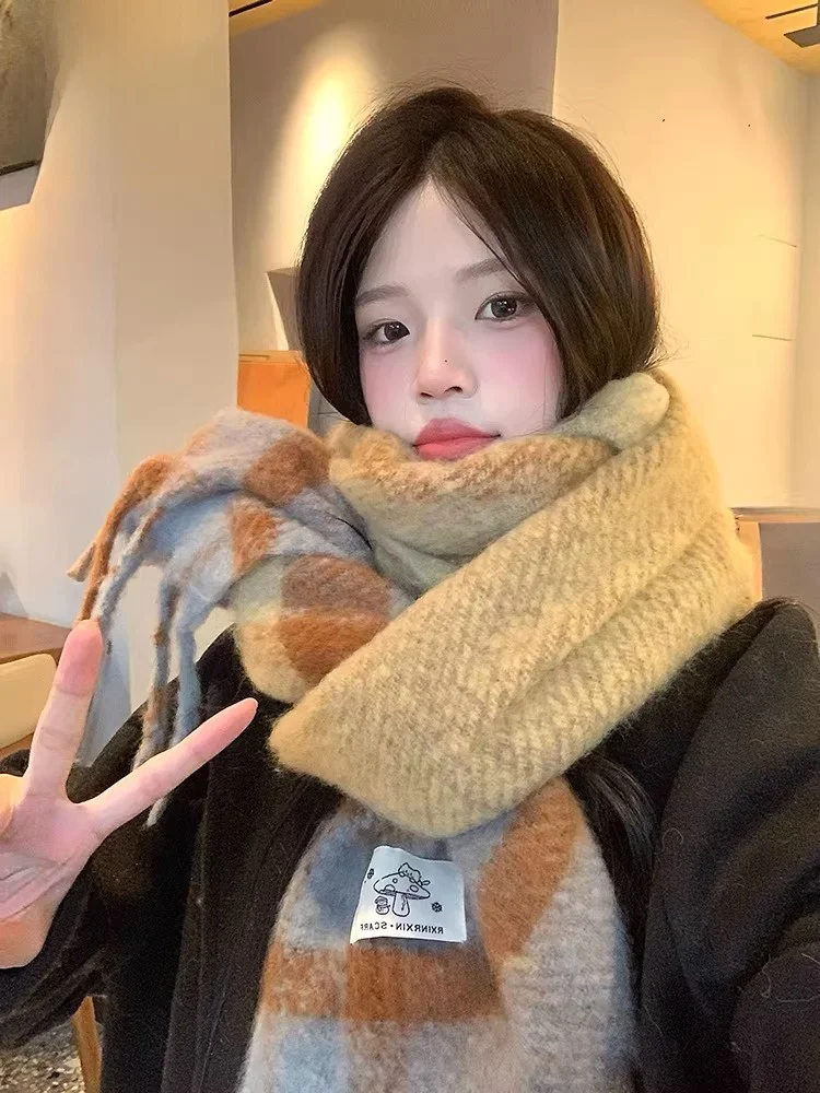 Echarpe-tricotee-coreenne-canary-kiss-pour-femme-motif-ecossais-automne-hiver-deux-en-un-polyvalente-sensation-aosphere-cadeau-pour-elle