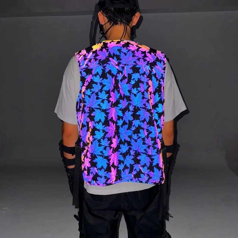 Maple Leaf Print Reflective Vest Tactical Workwear Men Outdoor Multi Pocket Utility Hunting Photography Fishing Hiking Gear Wear