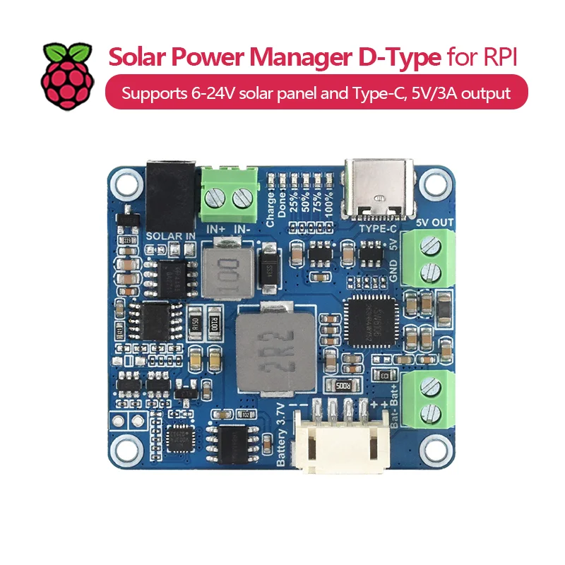 Solar Power Manager tipo D, admite panel solar de 6-24 V y tipo C, salida de 5 V/3 A, sin batería, para Raspberry Pi/Arduino.