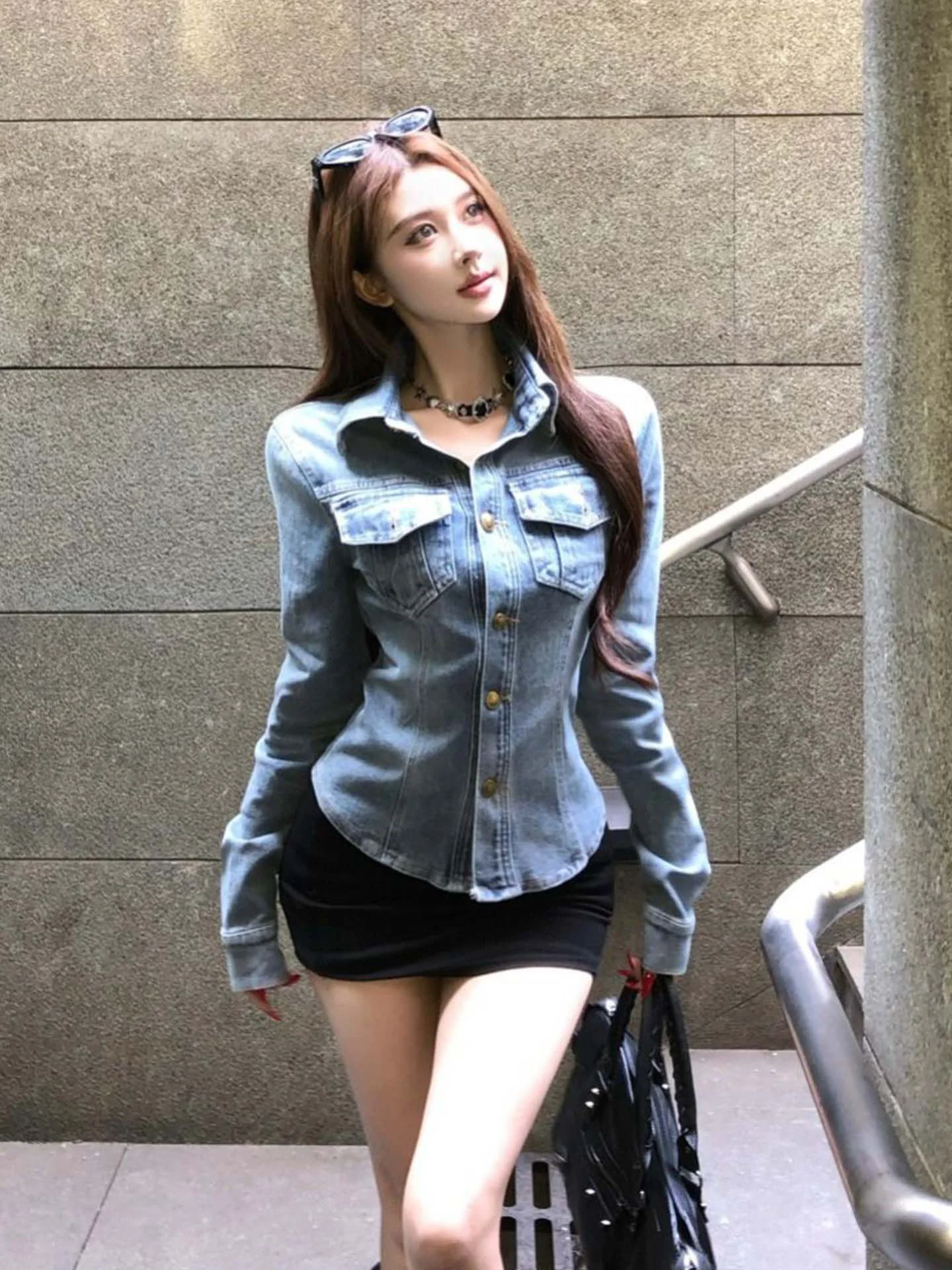 미국 슬림핏 칼라 롱 슬리브 데님 셔츠 여성용 허리 조임 자켓 슬림 오픈 가디건 탑