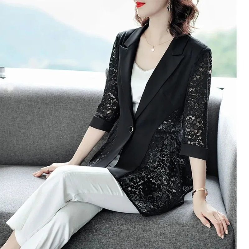 Black Lace Patchwork Fashion Suit Jacket Female 2024 Spring Summer Blazer New Elegant Single Button Thin Coat For Women Clothing