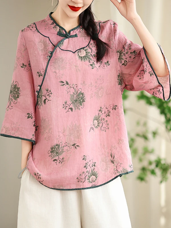 

Retro Chinese Sle Embroidered Flax Women's Summer irt Stand Collar Button Front ort Sve Loose Fit Printed Top