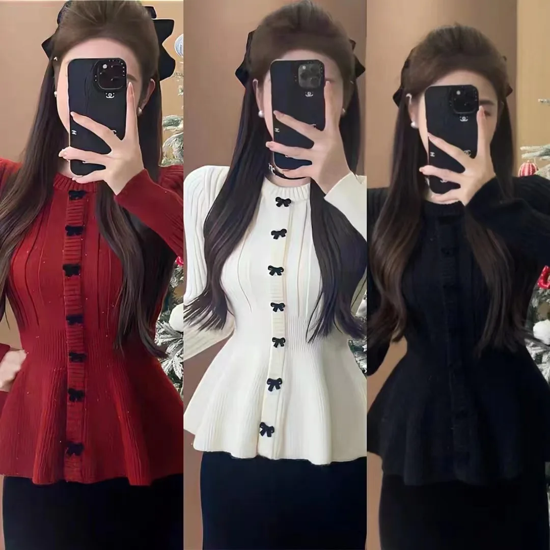 

Fashion Red Knitted Sweater for Women Slim Casual Butterfly Knot Elastic New Year Pullover Jumper