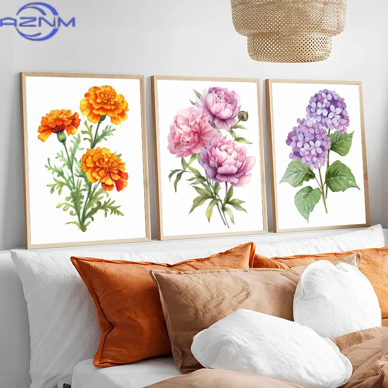 Beautiful Tulip Marigold Lotus Hydrangea Rose Lily Phalaenopsis Watercolor Poster Canvas Paintings Wall Art Pictures Home Decor