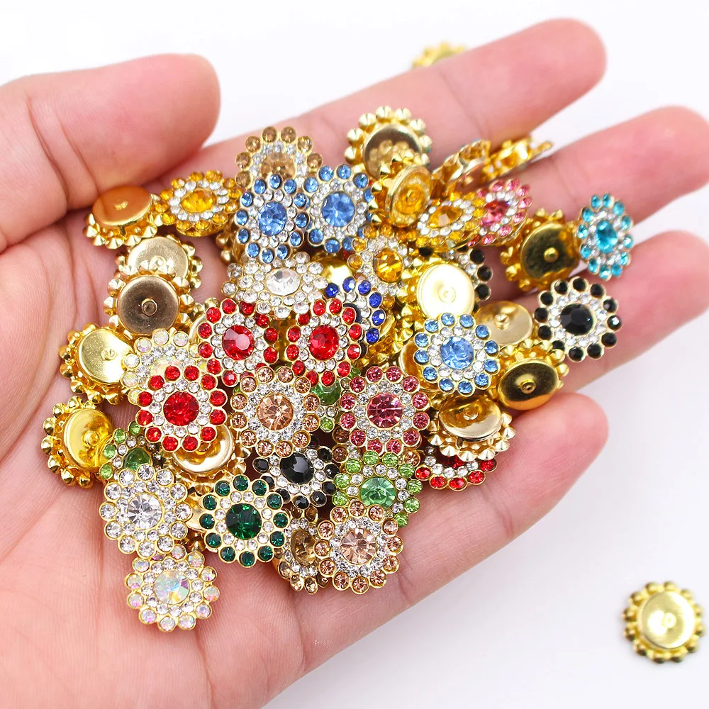 Sewing Sun Flower Claw Rhinestones 14mm Flatback Round Shiny Crystals Stones Strass Gold Base Sew On Rhinestones For Clothes