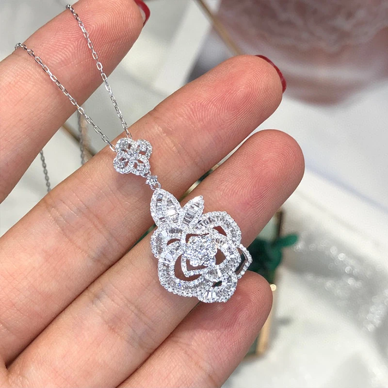 Aazuo 18K White Gold Real Diamonds 1.48ct Luxury Flower Necklace For Women Engagement  Necklace Fashion Design For Lady