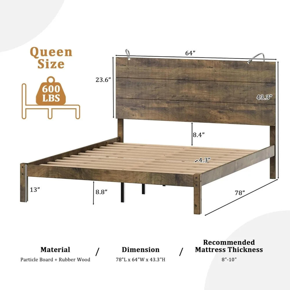 Wood Queen Bed Frame with Headboard, Farmhouse Bed Frame Queen Size with Two Bedside Lights, Rustic Vintage Platform Bed Frame