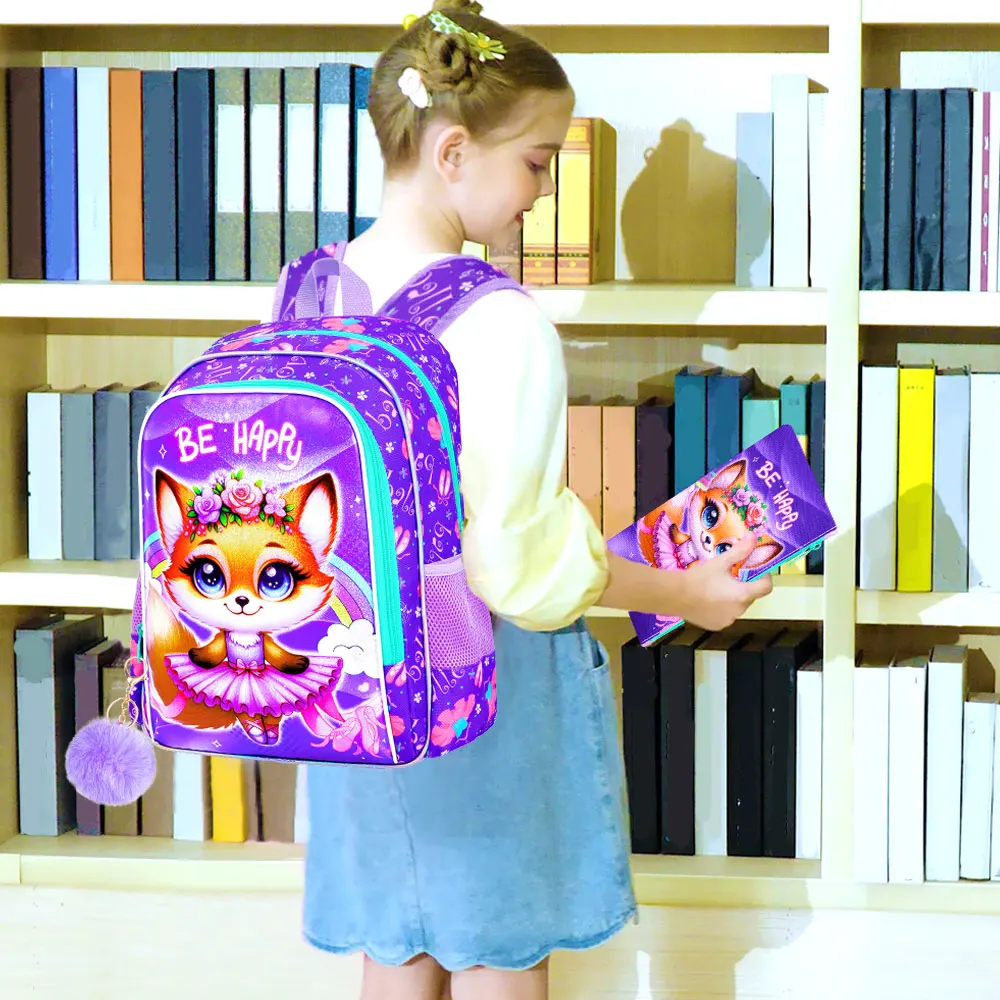 3Pcs 16 Inch Girls Backpack Set, Cute Purple Ballet‑Fox School Bag with Lunch Bag & Pencil Pouch, Lightweight Elementary Bookbag