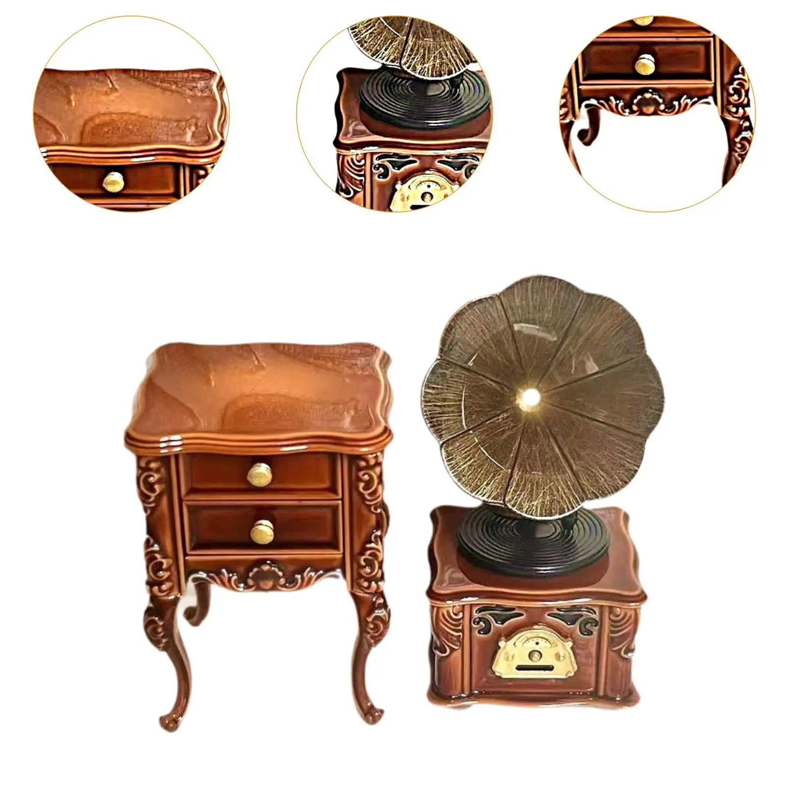 Miniature Gramophone เครื่องเล่น 1:12 Scale พร้อมตู้บ้านตุ๊กตาอุปกรณ์เสริม Vintage ตุ๊กตาเฟอร์นิเจอร์สําหรับ Diorama