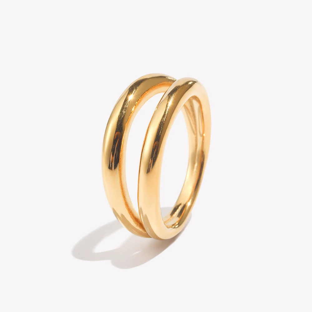 E.B.belle Hand Polished Double Layers Gold Plated Stainless Steel Rings For Woman Female Minimalsit Finger Rings Jewelry