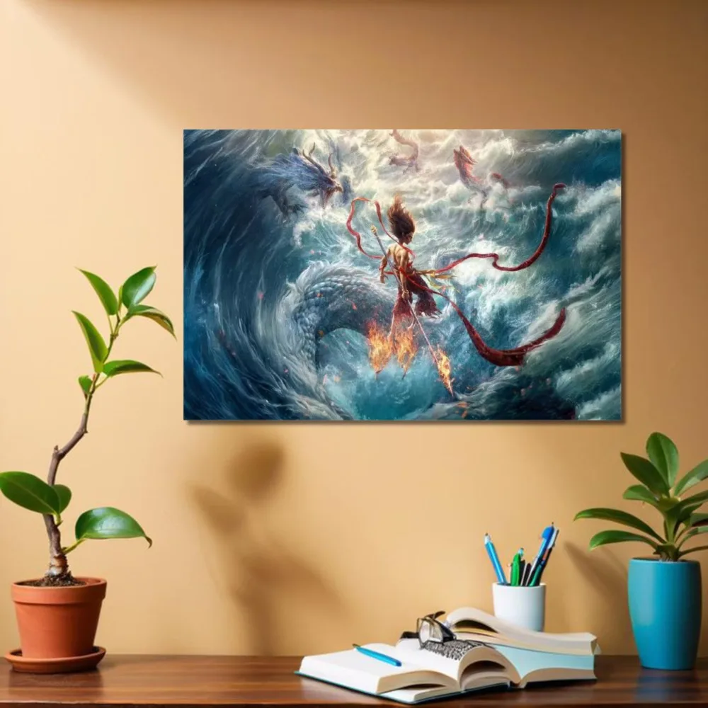 

1.5-inch thick pine wooden-framed canvas wall painting - the myth of "Fire God Nezha", vivid ocean scenes of dragons and cranes