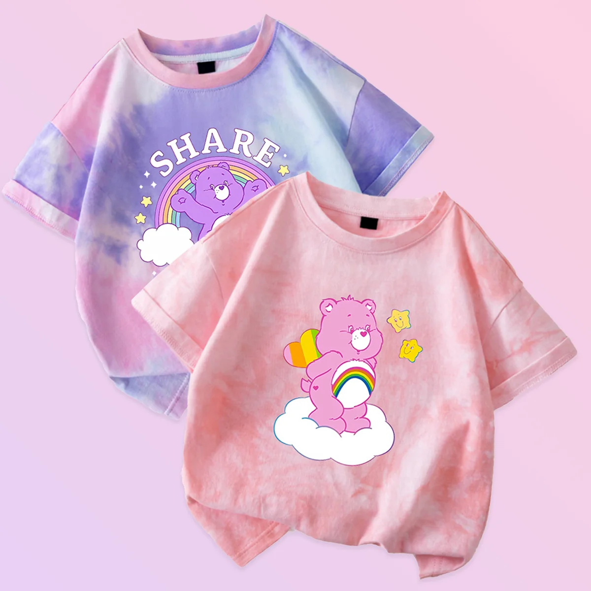 Футболка-caring-bears-детская-красочная-футболка-с-короткими-рукавами-и-принтом-в-стиле-тай-дай-одежда-с-принтом-мультяшных-персонажей-летняя-верхняя-одежда-для-девочек-одежда