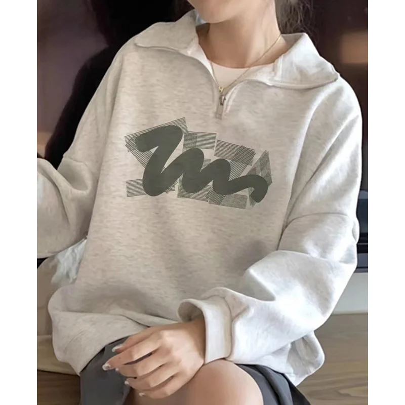 Fashion Lapel Zipper Printed Letter Casual Sweatshirts Female Clothing 2024 Autumn New Loose Korean Tops Young Style Sweatshirts