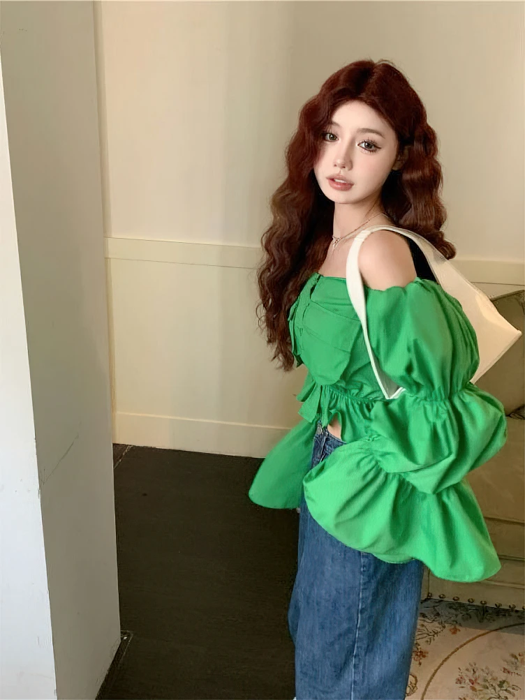 Low Cut Off shoulder Youth Elegant Blouse Women Designer Sweet Puff sleeve Crop Top Ruffles Korean Pocket Button Short Shirts