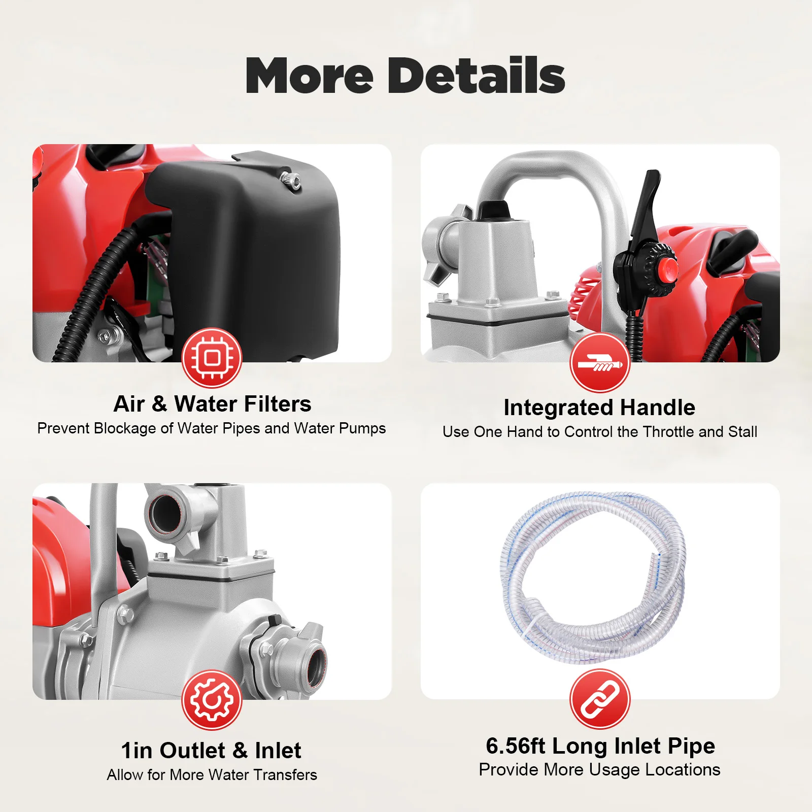 43cc Gasoline Water Pump Portable High Pressure for Farm Garden Irrigation Drainage 1Inch Inlet Outlet 98ft Lift 26ft Suction