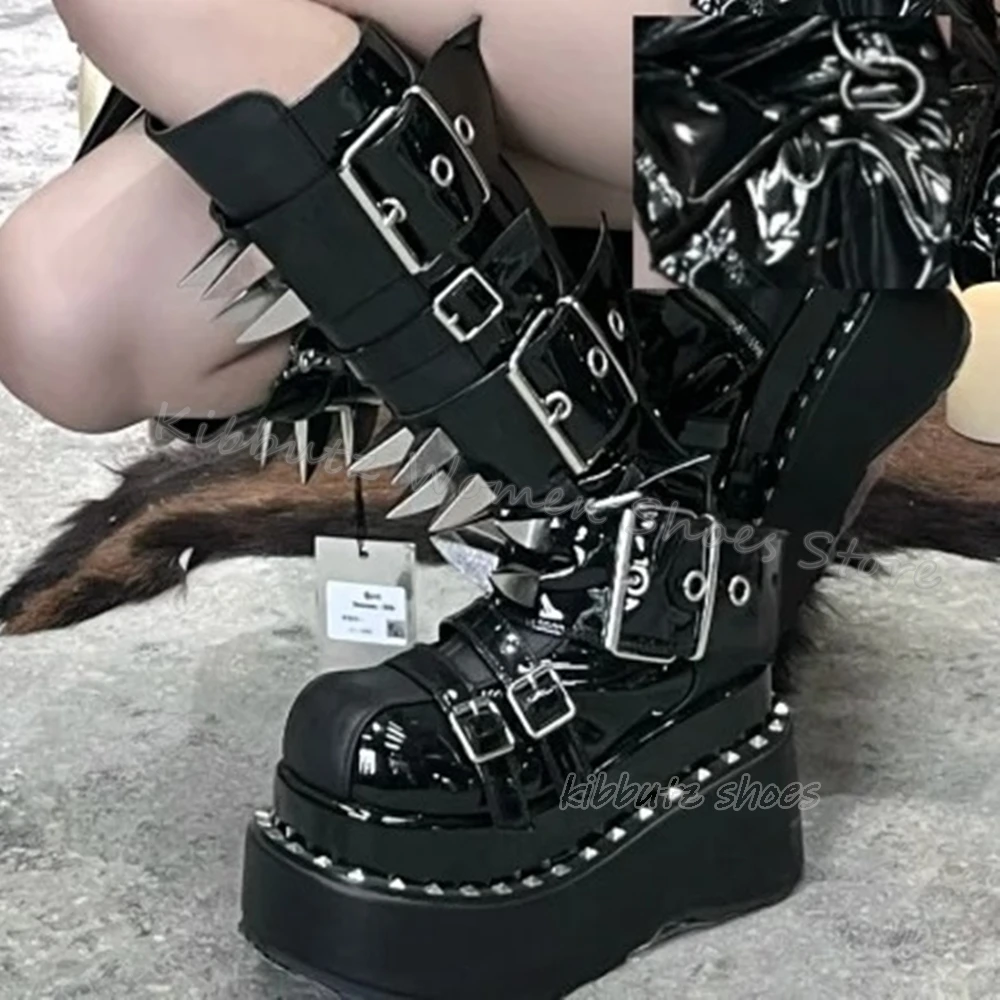 Belt Buckle Gothic Boots Knee High Platform Punk Rock Genuine Leather Solid Fashion Concise Sexy Women Shoes Thick Bottom Newest